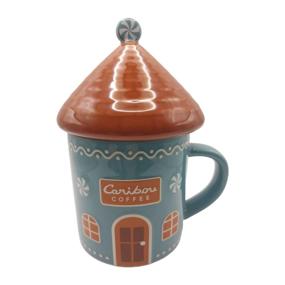 Caribou Coffee 14 Oz Ceramic Mug With Lid Blue Brown Gingerbread House New